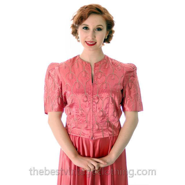 Vintage Evening Gown Pink Satin Metallic Soutcahe Jacket 1940s 36-29-48 M Women's,New Arrivals The Best Vintage Clothing