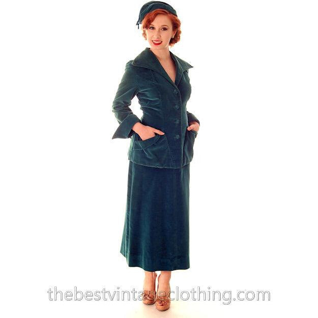Vintage Teal Velvet Ladies 1950s Suit Plus Matching Hat 36-26-37 Women's,New Arrivals vendor-unknown