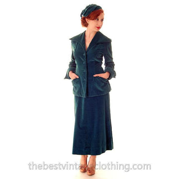 Vintage Teal Velvet Ladies 1950s Suit Plus Matching Hat 36-26-37 Women's,New Arrivals vendor-unknown