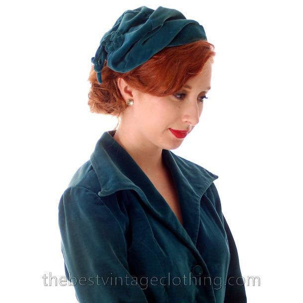 Vintage Teal Velvet Ladies 1950s Suit Plus Matching Hat 36-26-37 Women's,New Arrivals vendor-unknown