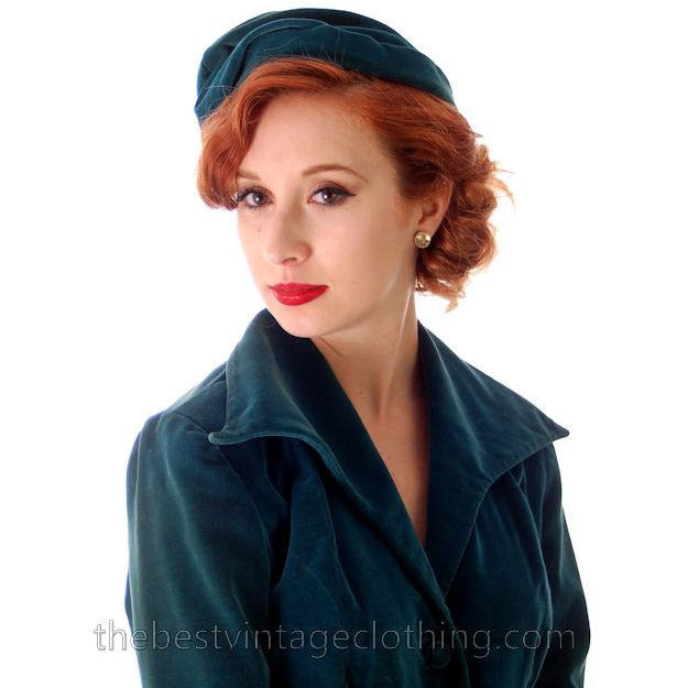 Vintage Teal Velvet Ladies 1950s Suit Plus Matching Hat 36-26-37 Women's,New Arrivals vendor-unknown