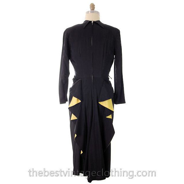 Vintage Cocktail Dress 1940s Black Faille Yellow Fishtail 36-29-36 Women's,New Arrivals vendor-unknown