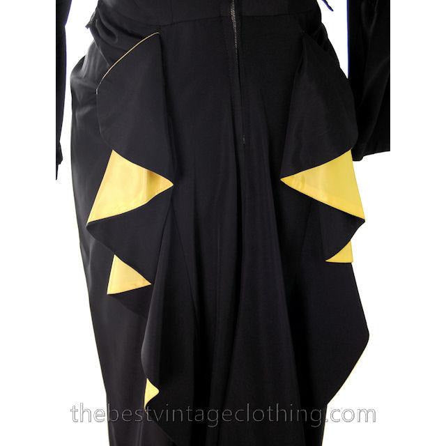 Vintage Cocktail Dress 1940s Black Faille Yellow Fishtail 36-29-36 Women's,New Arrivals vendor-unknown