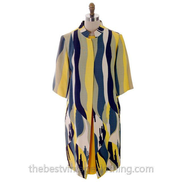 Vintage Linen Yellow Sheath Dress & Abstract Printed Coat Edith Flagg 1970s 36-31-36 Women's,New Arrivals Edith Flagg