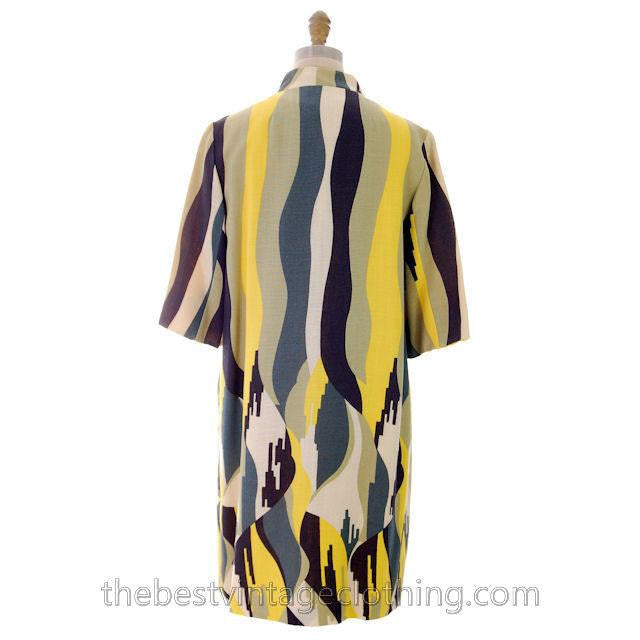 Vintage Linen Yellow Sheath Dress & Abstract Printed Coat Edith Flagg 1970s 36-31-36 Women's,New Arrivals Edith Flagg