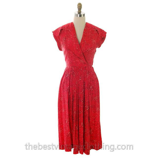 Vintage Red Silk Dress 1940s Whimsical Women Shopping For Hats Print 32-26-48 Small - The Best Vintage Clothing
 - 1