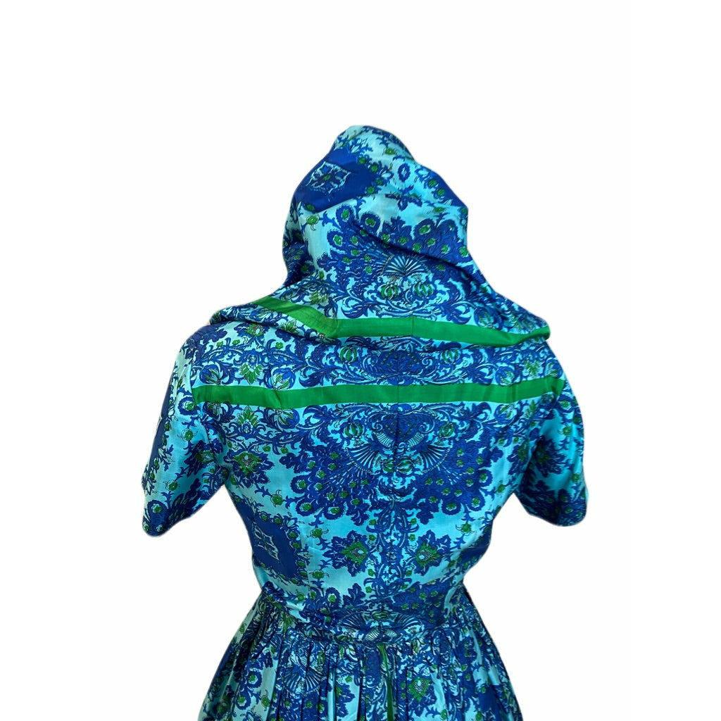 VTG Arkay Silk Dress 50s Hooded Unique Blue Floral Border S Day Dress Zip Front Dresses The Best Vintage Clothing