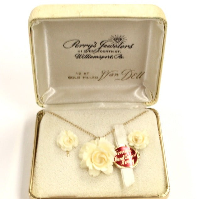 ANTIQUE CARVED ROSE Necklace & Earrings Genuine Natural Ivory 12K GF Van Dell The Best Vintage Clothing