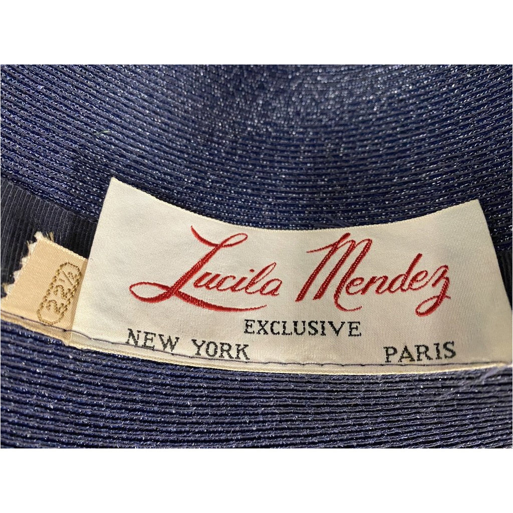 Vintage Lucila Mendez Exclusive Navy Blue Straw Wide Brimmed Hat 1950s Bucket Marvelous Maisel Church New Arrivals The Best Vintage Clothing