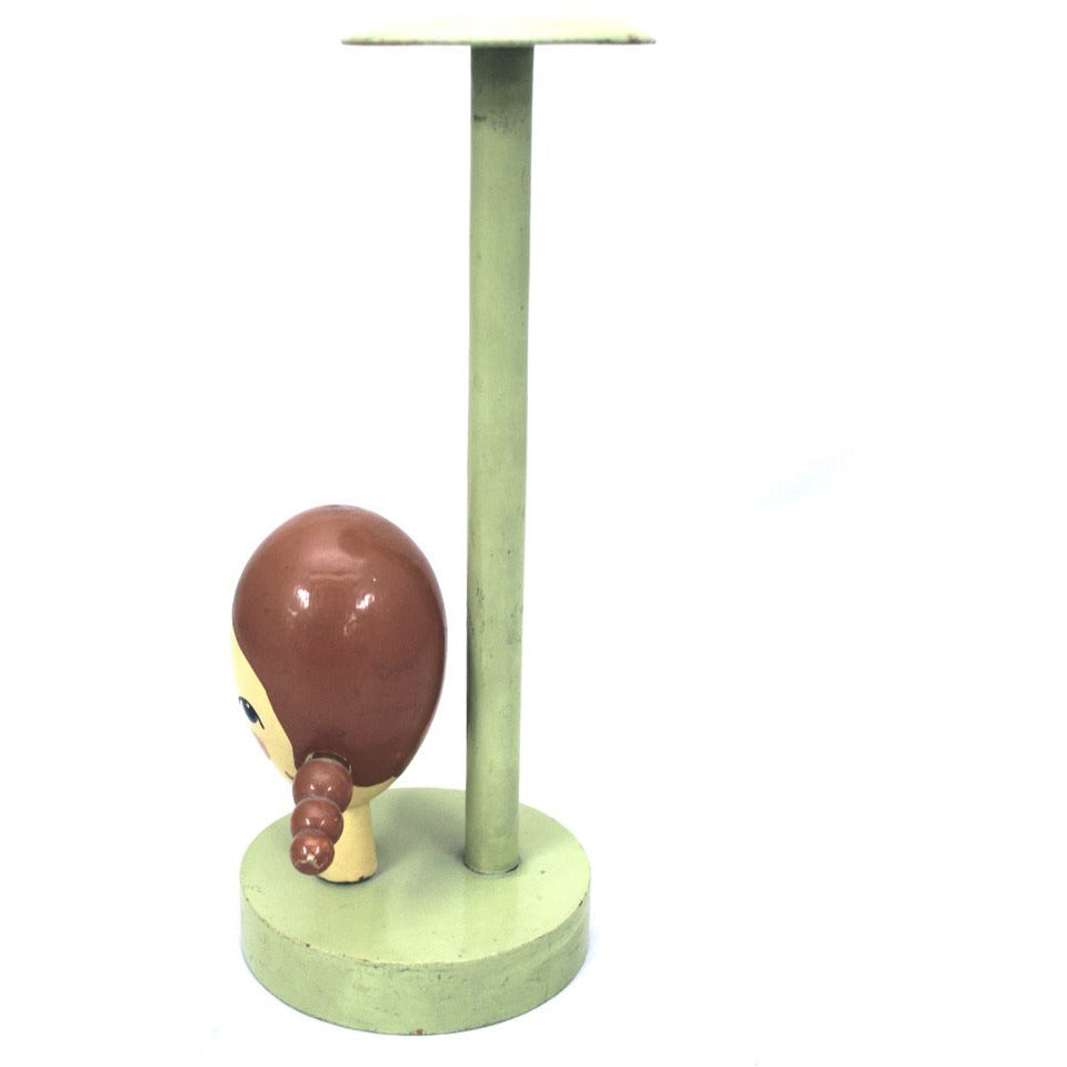 Rare Vintage Hat Stand Wooden Girl with PigTails 1940s Green New Arrivals The Best Vintage Clothing