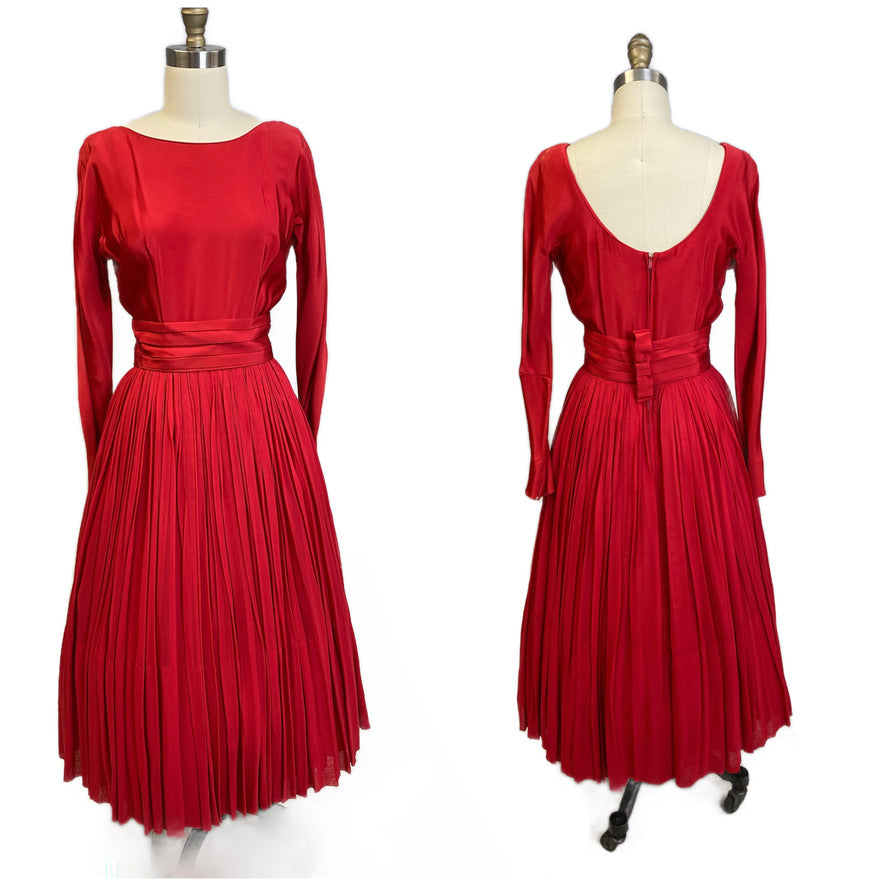 1940s Vintage Cocktail Dress Red L'Aiglon Wide Waist Sheer Skirt Sleek M Dresses The Best Vintage Clothing