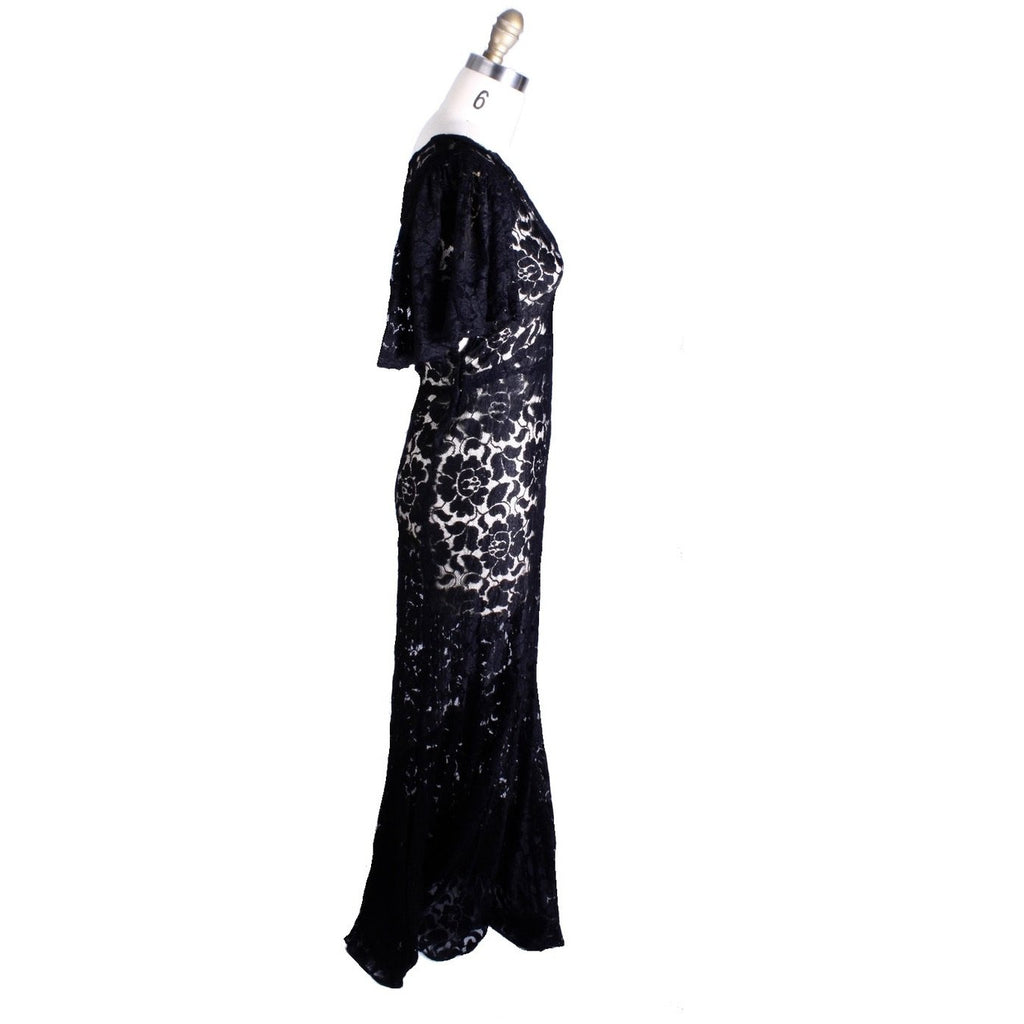 Womens 1930s Antique Vintage Bias Cut Black Lace Gown Flutter Sleeves S/M dress The Best Vintage Clothing