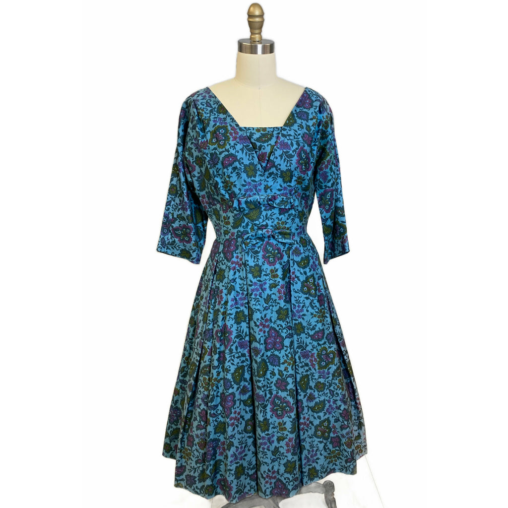 VTG R&K Original Dress 50s Polished Cotton Day/Party Blue Floral M/L Wide Waist Dresses The Best Vintage Clothing