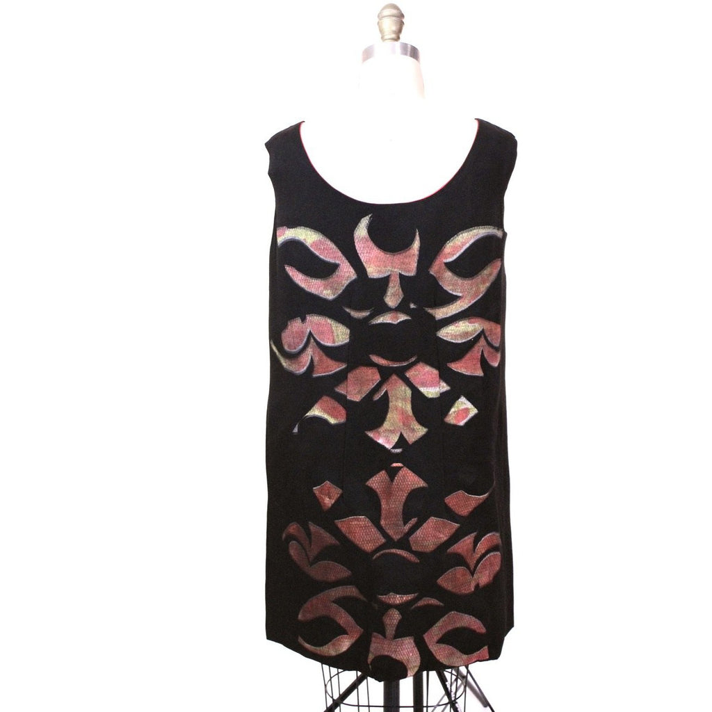 Retro Vtg Tummey Hand Block Printed 70s Dress Shift Hippie Womens Black Pink s/m The Best Vintage Clothing