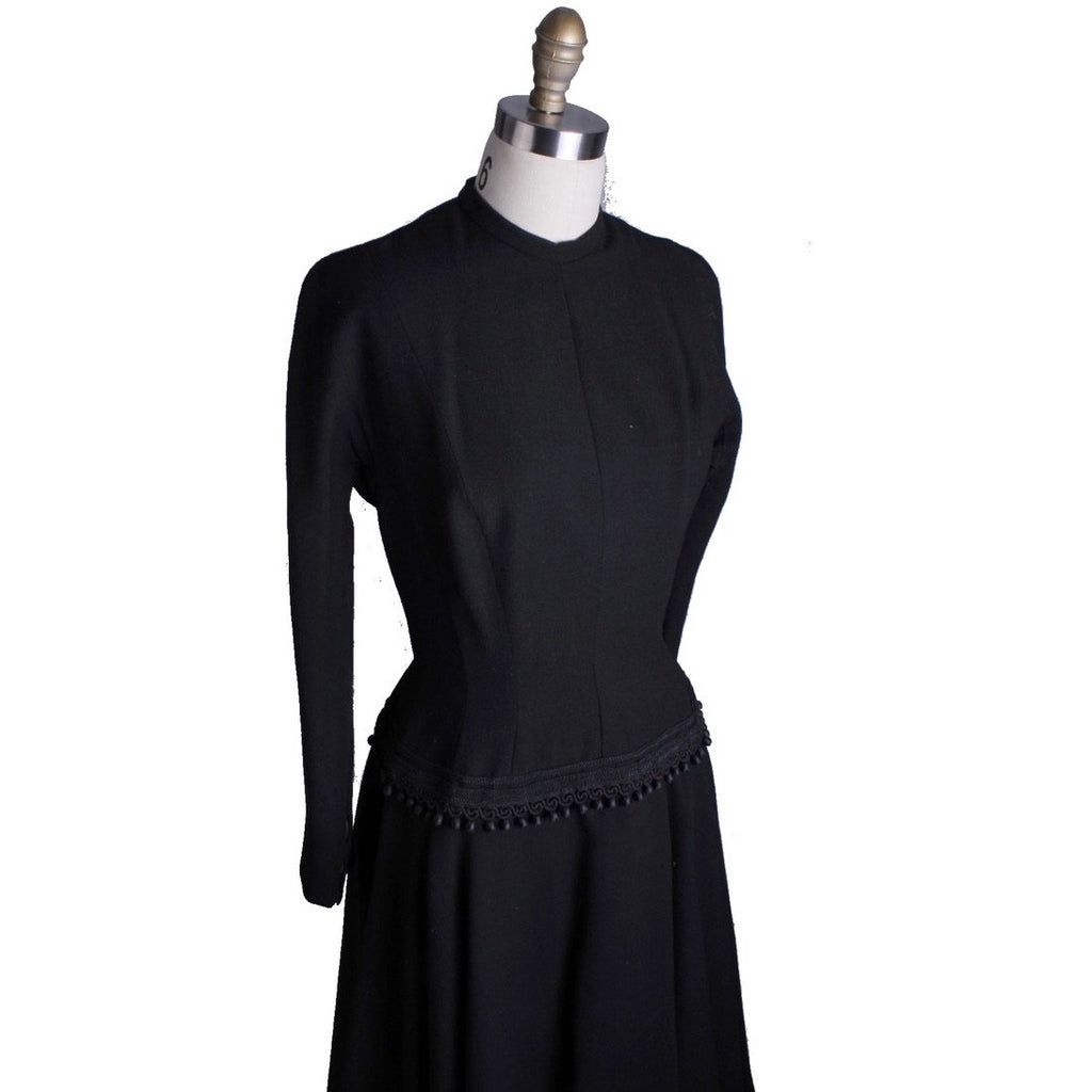 VTG Black Late 1940s Dress With Corde Ball Fringe Hip Detail LBD Wool New Look Womens S/M Dress The Best Vintage Clothing
