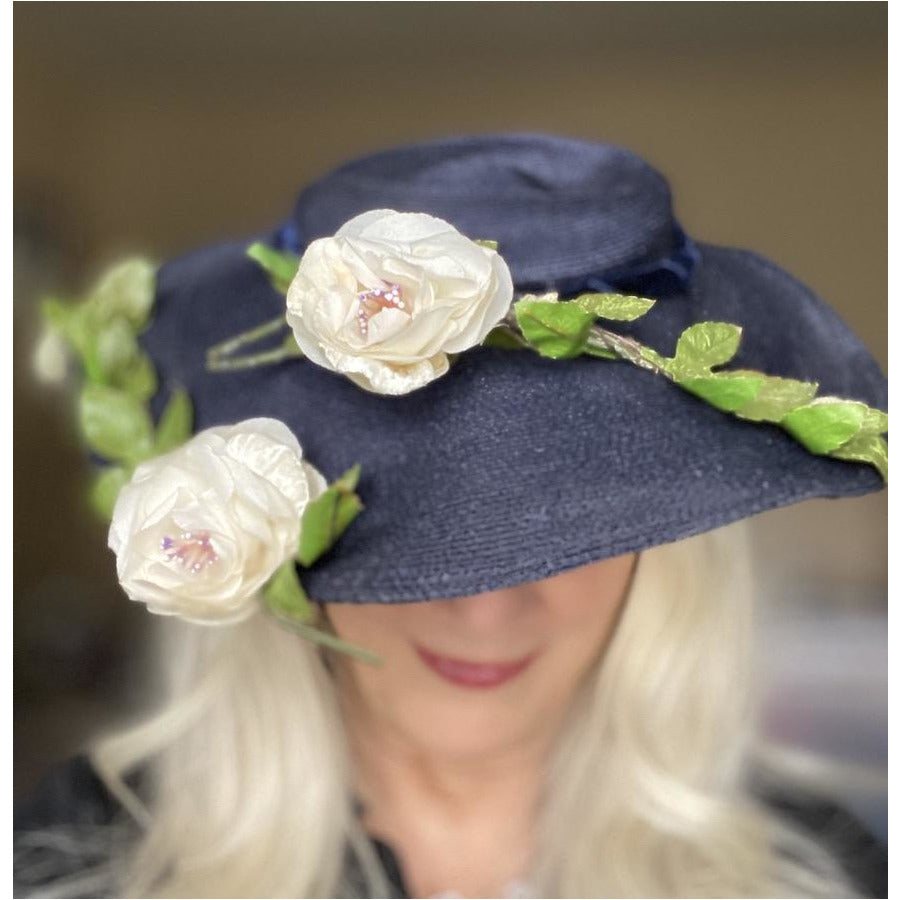 Vintage 1950s Womens Saucer Hat Wide Brim Church Dark Navy Straw Flowers O/S The Best Vintage Clothing