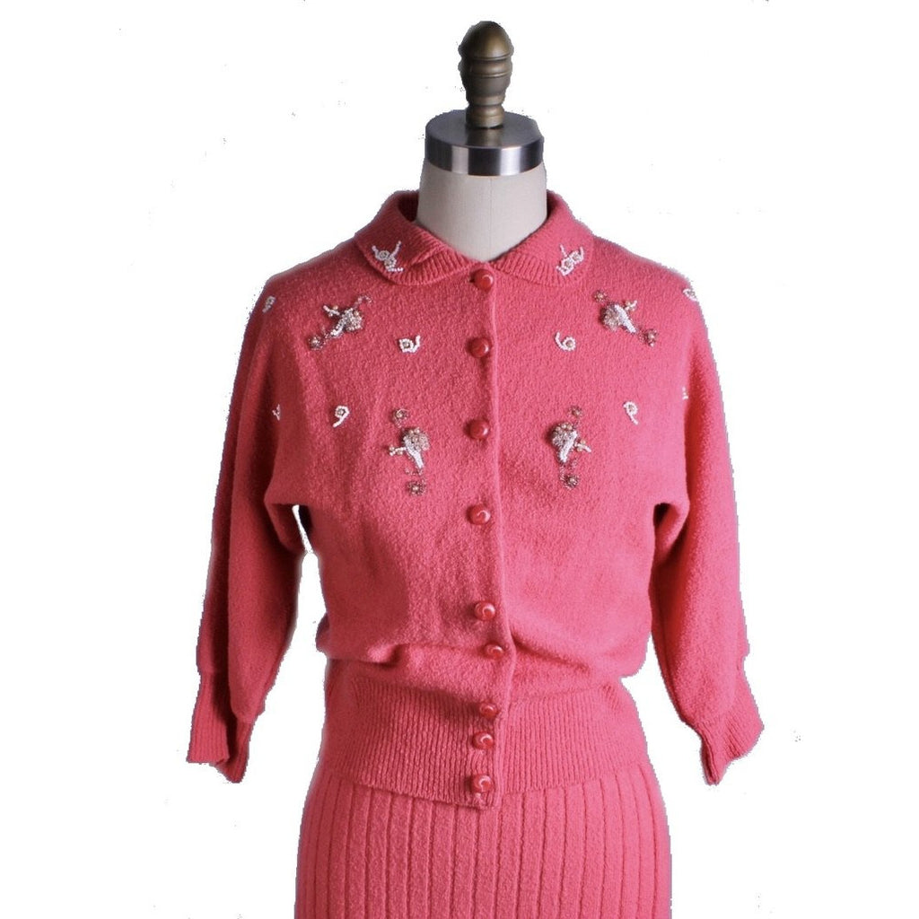 2PC Vintage Secretary Skirt Suit Sweater Suit 1950s Pink Beaded Wool Boucle Womens M Women's,New Arrivals The Best Vintage Clothing