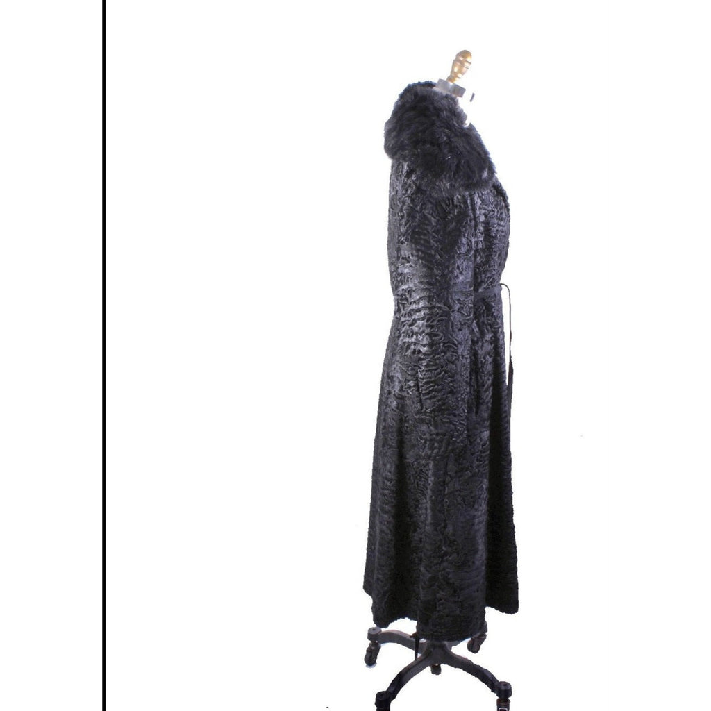 VTG 1970s Pierre Balmain Astrakhan Fur Coat w/ Belt Jet Black Luxury Paris Label coat Balmain