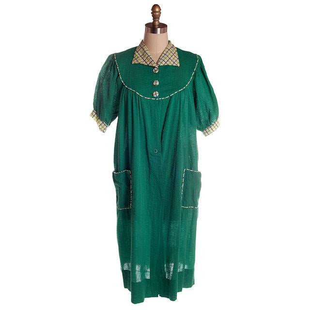 Vintage Green Seersucker Housecoat /Robe/Dress 1930s Any Sz Women's Valley Frocks