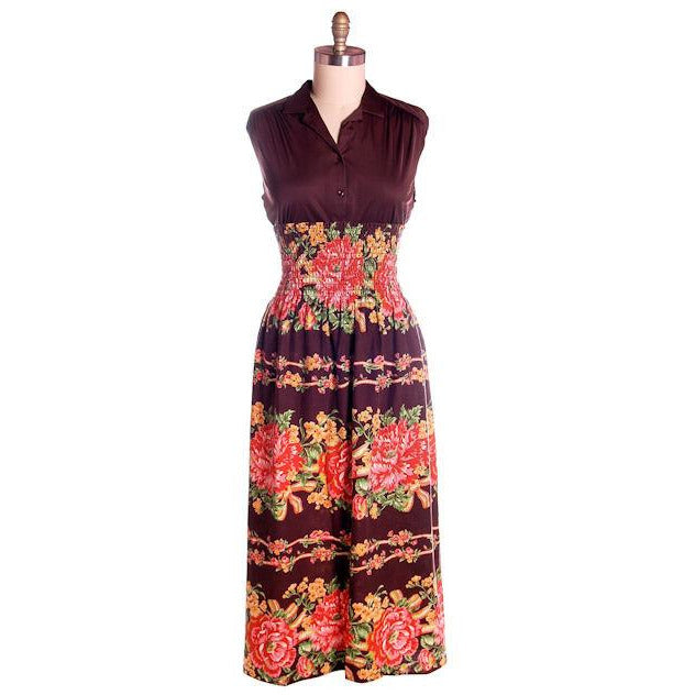 Vintage Border Print Stretchy Smocked Top Dress Poppies Print 1970s Hippy M/L Cart2cart The Best Vintage Clothing