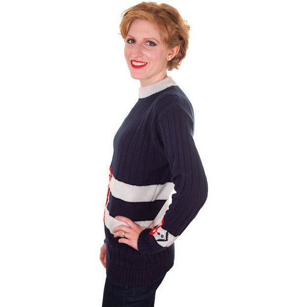 Vintage Ladies Pullover Sweater Navy Blue w/ Belt Graphics 1970s Acrylic Medium Women's The Best Vintage Clothing
