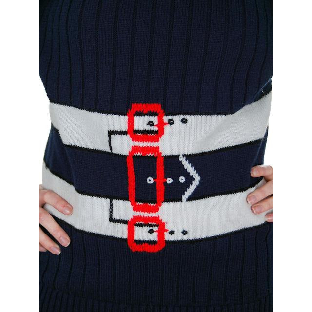 Vintage Ladies Pullover Sweater Navy Blue w/ Belt Graphics 1970s Acrylic Medium Women's The Best Vintage Clothing