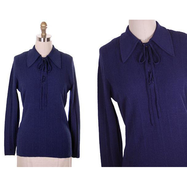 Vintage Ultra 1970s Knit Top Navy Blue Lace Front Med- Lg Women's,On Sale The Best Vintage Clothing