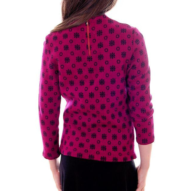 VTG 60s German Wool Sweater Violet Black Snowflake Pattern Sz 40 S/M 38 Bust Women's The Best Vintage Clothing