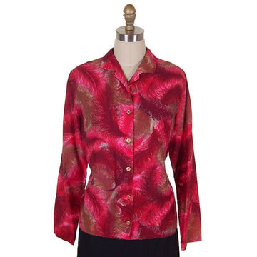 Vintage Lady Arrow Red Feather Print Cotton Blouse 1950s M-L VLV Women's,New Arrivals,On Sale vendor-unknown