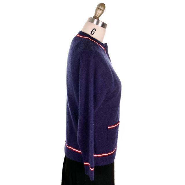 Vintage Navy Cardigan Sweater Blue Red & White Trim 1960s M-L Women's,On Sale The Best Vintage Clothing