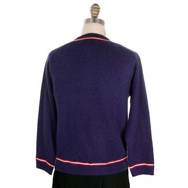Vintage Navy Cardigan Sweater Blue Red & White Trim 1960s M-L Women's,On Sale The Best Vintage Clothing