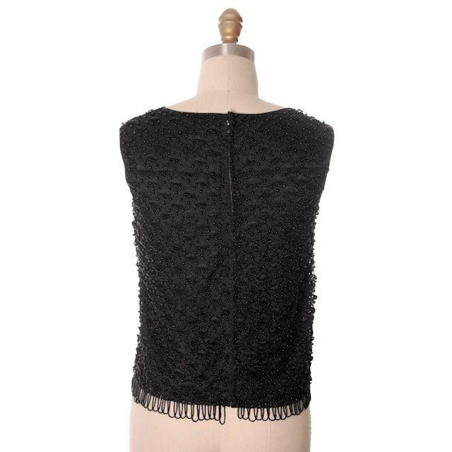 Vintage Ladies Sleeveless Shell Black Lace Harilela's Hand Beaded 1960s 36 Women's The Best Vintage Clothing
