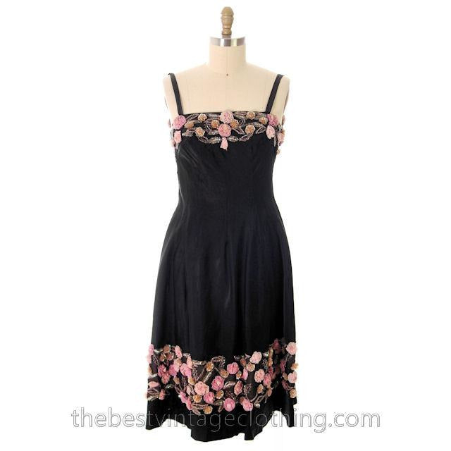 Vintage 1950s Black Evening Dress Gorgeous Flower Embellishments 36-31-44 Women's,New Arrivals The Best Vintage Clothing