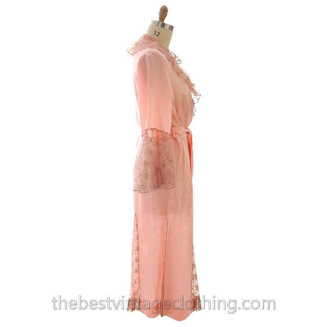 Vintage Peach Boudoir Robe Silk Satin Lace 1930s M-L 44 Bust Women's,New Arrivals The Best Vintage Clothing