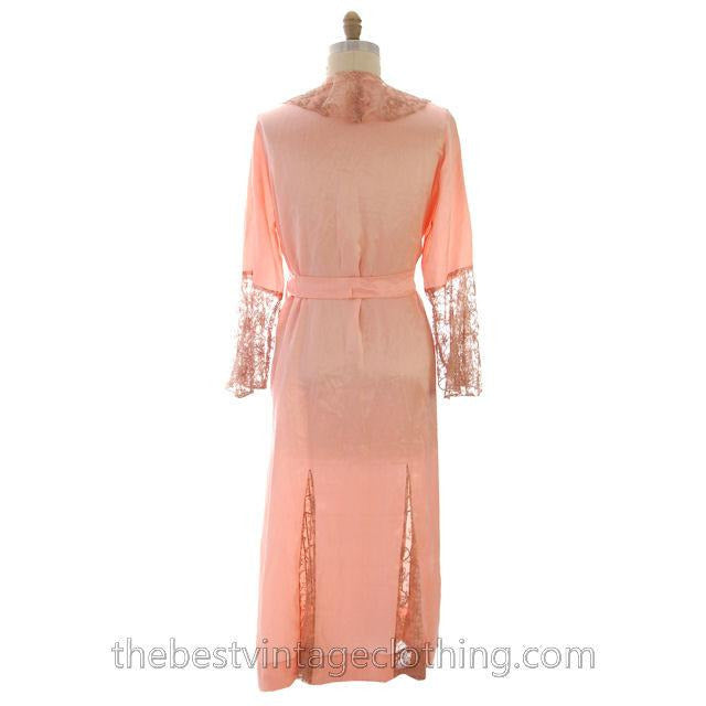 Vintage Peach Boudoir Robe Silk Satin Lace 1930s M-L 44 Bust Women's,New Arrivals The Best Vintage Clothing