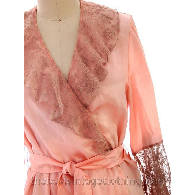 Vintage Peach Boudoir Robe Silk Satin Lace 1930s M-L 44 Bust Women's,New Arrivals The Best Vintage Clothing