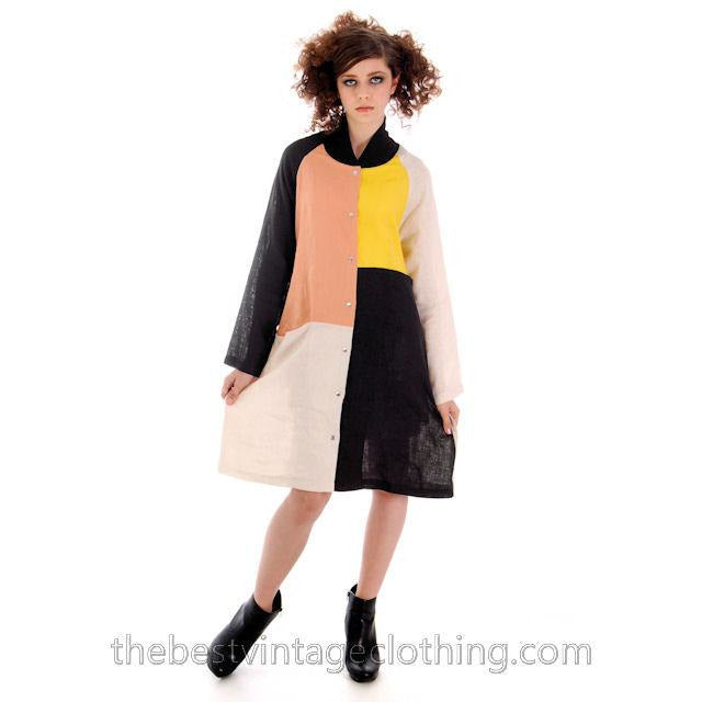 Marimekko Linen Color Block Tent Dress M Season 2013 Womens Shift Black Yellow marimekko marimekko