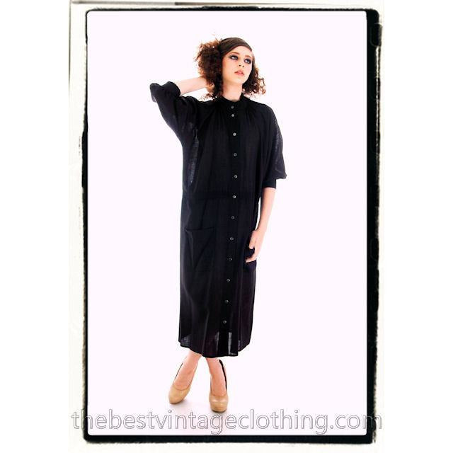 Vintage Vuokko Suomi Finland Sheer Fine Wool Dress Snap Front Black 1970s XS marimekko Vogue