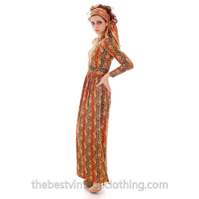 Vintage Goldworm Printed Wool Maxi Dress w/ Matching Scarf 1970s  Small - The Best Vintage Clothing
 - 1