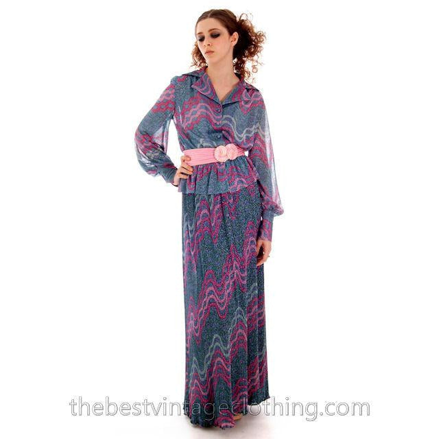 Vintage Missoni / John Baldwin Maxi Skirt & Blouse Set Purple Pink Silver Metallics 1970s Med Women's,New Arrivals Missoni