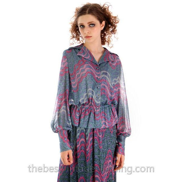 Vintage Missoni / John Baldwin Maxi Skirt & Blouse Set Purple Pink Silver Metallics 1970s Med Women's,New Arrivals Missoni