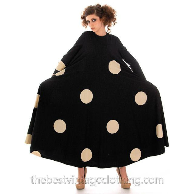 Vintage Mod Trapeze Dress Vuokko Nurmesniemi Black /White Polka Dots 1970s SZ 36 marimekko Vuokko