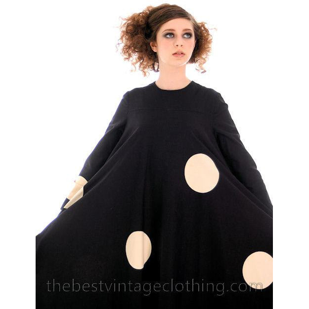Vintage Mod Trapeze Dress Vuokko Nurmesniemi Black /White Polka Dots 1970s SZ 36 marimekko Vuokko
