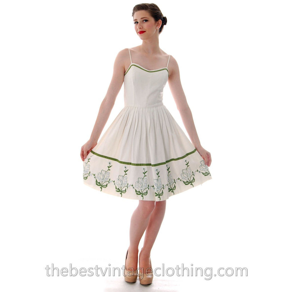 Vicky Vaughn Vintage Sundress Matching Wrap Embroidered Hem 33-24-Free 1950s S dress The Best Vintage Clothing