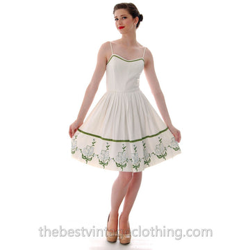 Vicky Vaughn Vintage Sundress Matching Wrap Embroidered Hem 33-24-Free 1950s S dress The Best Vintage Clothing