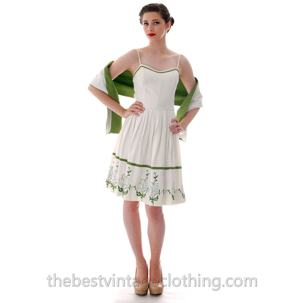 Vicky Vaughn Vintage Sundress Matching Wrap Embroidered Hem 33-24-Free 1950s S dress The Best Vintage Clothing