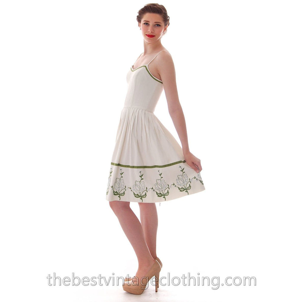 Vicky Vaughn Vintage Sundress Matching Wrap Embroidered Hem 33-24-Free 1950s S dress The Best Vintage Clothing
