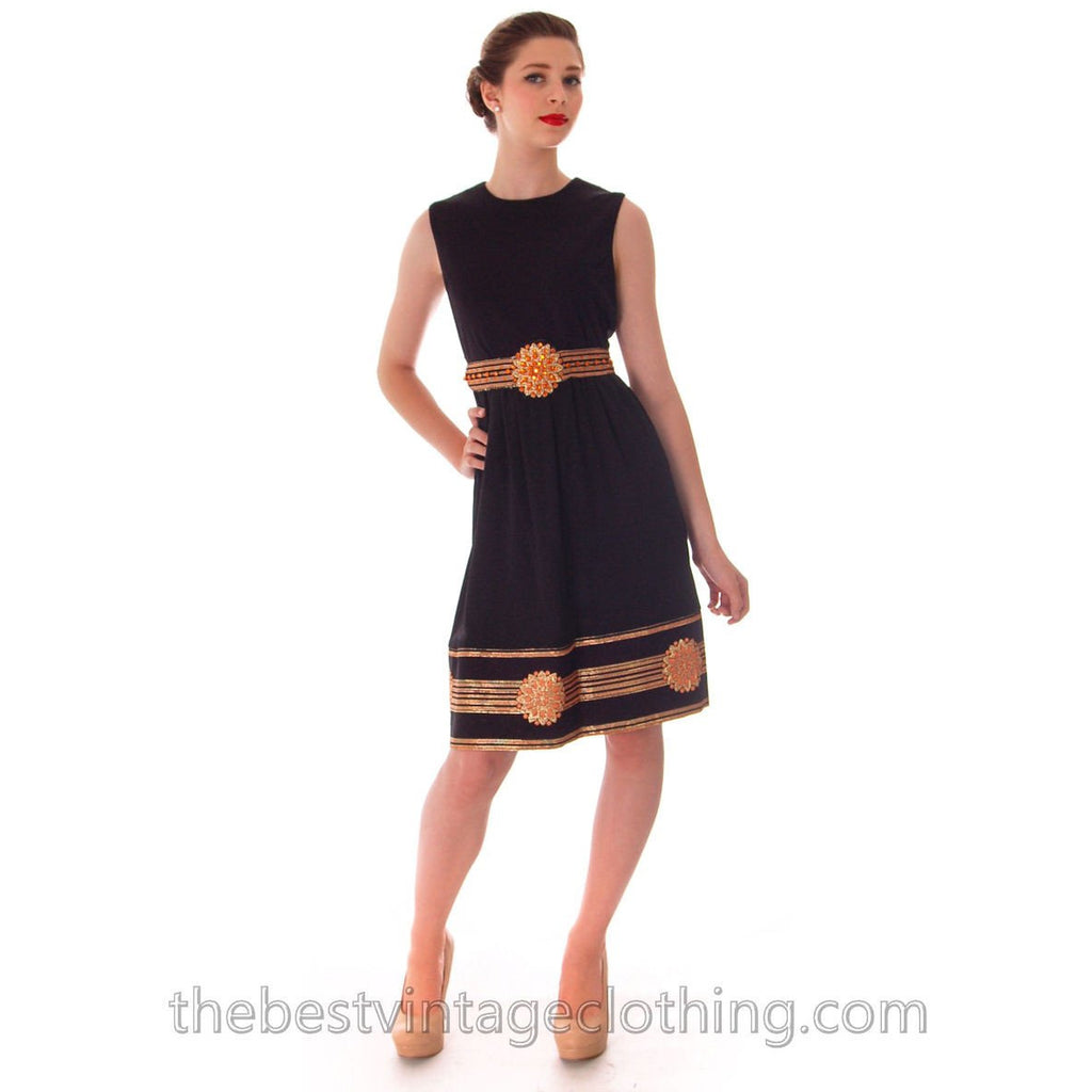 Vintage Victor Costa Romantica Black/ Metallic Gold Border Print Cocktail Dress 1970S 36-28-Free Cart2cart Victor Costa