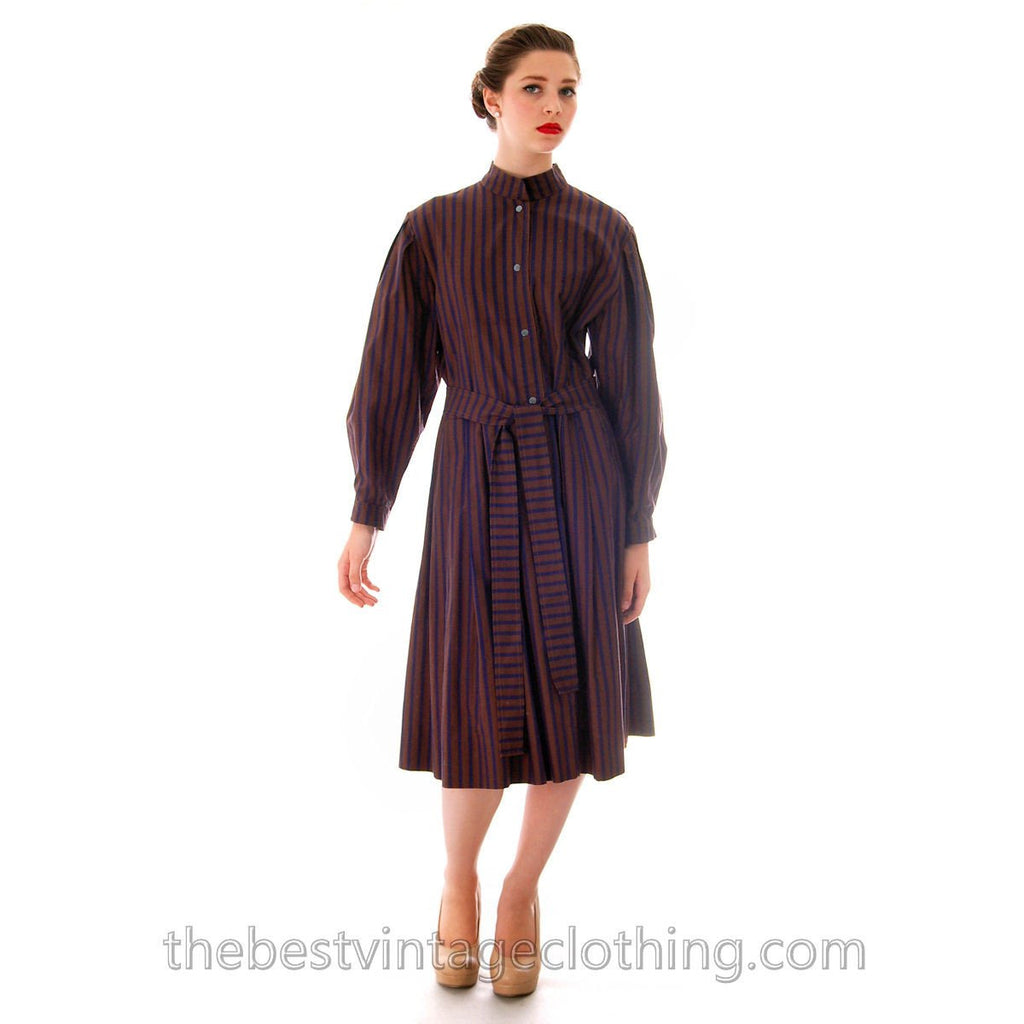 Vintage Vuokko Suomi Cotton Shirt Dress 1970s Blue Brown Stripes S-M marimekko The Best Vintage Clothing