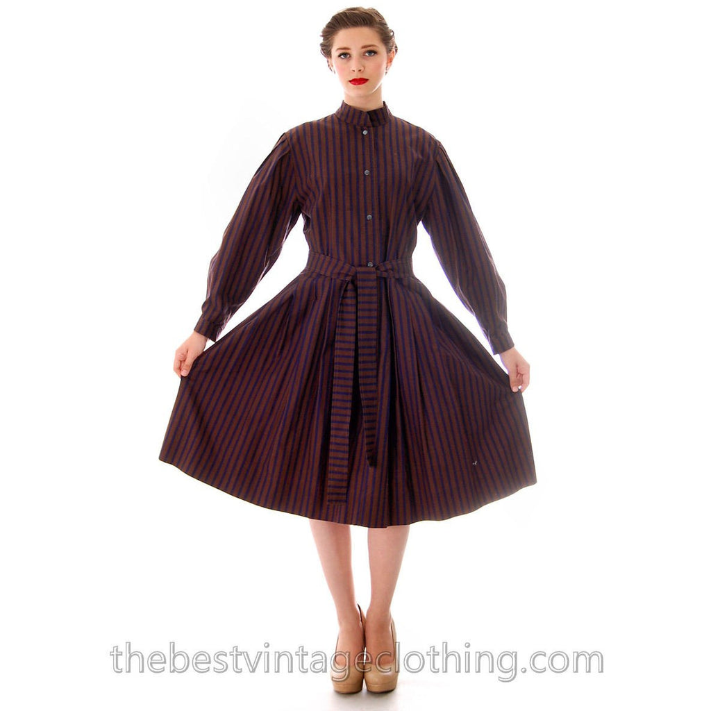 Vintage Vuokko Suomi Cotton Shirt Dress 1970s Blue Brown Stripes S-M marimekko The Best Vintage Clothing
